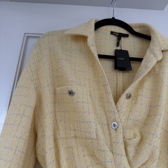 NWT Maje Rillo Mini Shirt Dress Jaune Pale Lurex Tweed Asymmetrical Button Front - Picture 7 of 9
